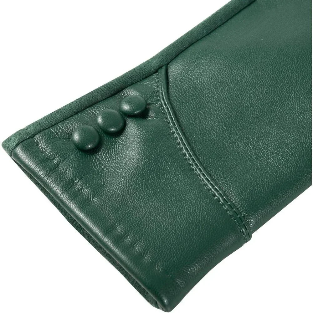 Women's Green Winter Leather Suede Gloves Wool Lined Windproof Touchscreen